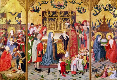 Retablo de los Siete Gozos de la Virgen, que representa la Adoración de los Magos, la Presentación en el Templo y Cristo apareciendo a María, c.1480 de Master of the Holy Family