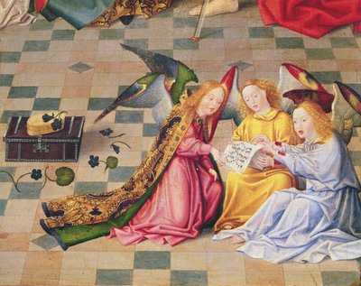 Ángeles músicos del panel derecho del retablo de los Siete Gozos de la Virgen, c.1480 (detalle) de Master of the Holy Family
