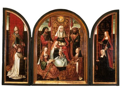 Un canónigo con San Livino (ala izquierda), La familia de Santa Ana (panel central), Donante con Santa Isabel (ala derecha), La Anunciación (cerrada) c.1500-10 (óleo sobre tabla) de Master of the Holy Family of St. Anne