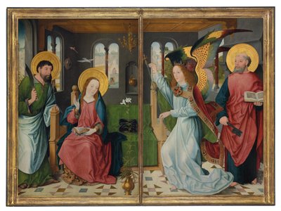 La Anunciación, con los santos Bartolomé y Pedro, dos alas de un retablo de Master of the Holy Kinship