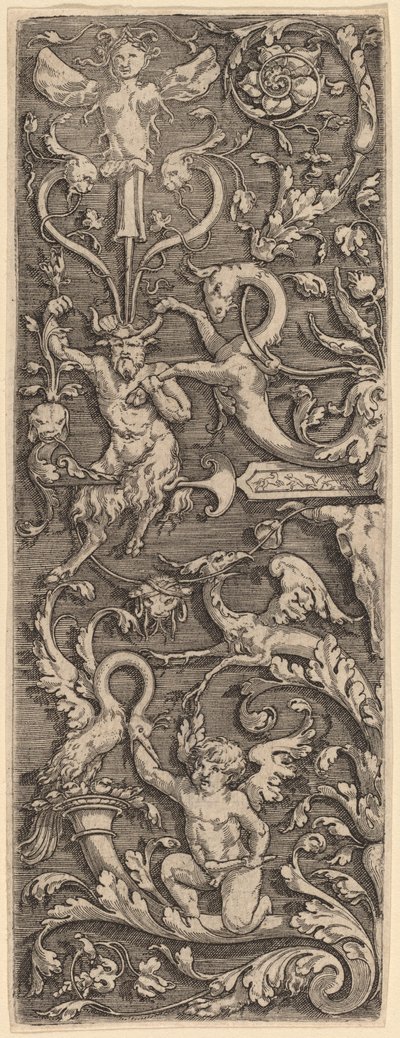 Ornamento con un Cupido, un Sátiro y Figuras Grotescas de Master of the Horse Heads