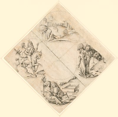 Diseño para un cuatrifolio con un castillo, dos amantes, una doncella tentada por un bufón, una pareja sentada junto a un abrevadero y un caballero y su amante montados a caballo de Master of the Housebook