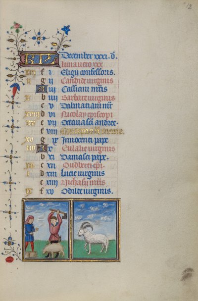 Página del calendario de diciembre; Sacrificar un cerdo; Capricornio de Master of the Lee Hours