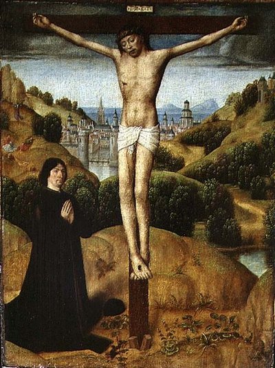 Cristo en la cruz con un donante, finales de 1480 de Master of the Legend of St. Ursula