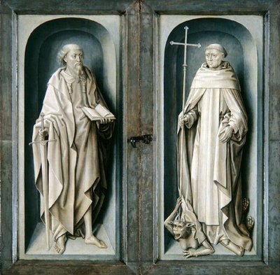 San Pablo y San Benito, paneles cerrados del Tríptico de la Anunciación, c.1483 (óleo sobre tabla) de Master of the Legend of St. Ursula
