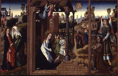 La Natividad con la Visitación y el Arcángel presentando al donante de Master of the Legend of St. Ursula