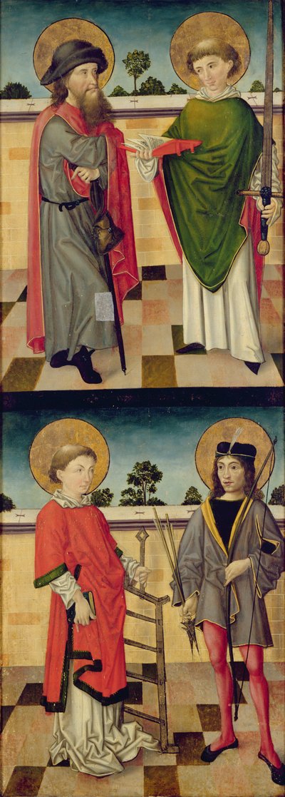 Arriba: San Jacobo como peregrino y San Mateo sosteniendo un libro y una espada; Abajo: San Lorenzo sosteniendo una parrilla y San Sebastián sosteniendo un arco y una flecha, reverso de un panel de un retablo de Master of the Luneburg Footwashers