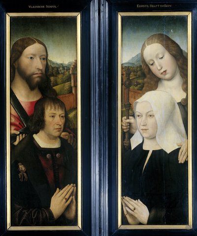 Dos alas de un tríptico con el donante, Tomás Isaacq, acompañado de Santo Tomás (izquierda, ala exterior), y la esposa del donante acompañada de Santa Margarita (derecha, ala exterior) de Master of the Magdalen Legend