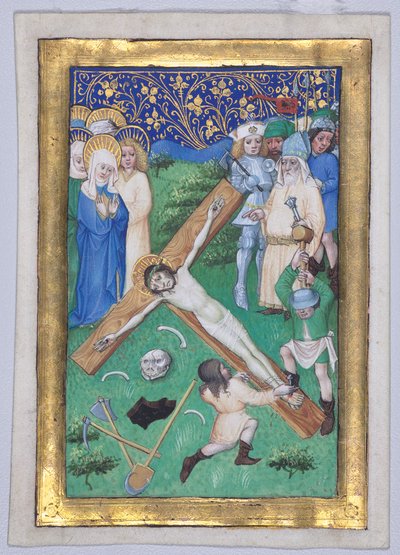 Hoja de un Libro de Horas: Cristo siendo clavado en la cruz de Master of the Maximilian Schoolbooks