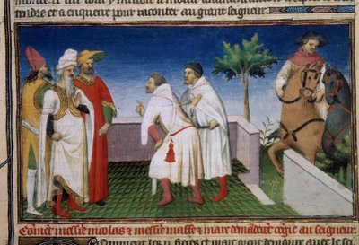 Matteo y Niccolo, los hermanos Polo piden permiso al Qubilai (Kubilai Khan) de Master of the Mazarine