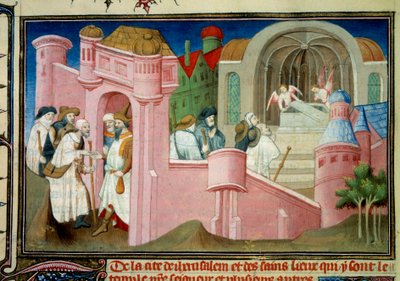 Peregrinos visitan la iglesia del Santo Sepulcro y la tumba de Cristo en Jerusalén Miniatura en "Liber de quibusdam ultramarinis partibus et praecipue de Terra sancta" (El estado de la Tierra Santa y también en parte de la Tierra de Egipto) por William de  de Master of the Mazarine