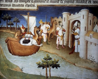 Los hermanos Polo (incluido Marco Polo) llegan a Ormuz desde India en un barco de carga. Miniatura en “El Libro de las Maravillas” (“Devisement du monde”, “Il Milione”) (Ms. 2810, Folio 14v). Manuscrito iluminado por el Maestro de Mazarine de Master of the Mazarine