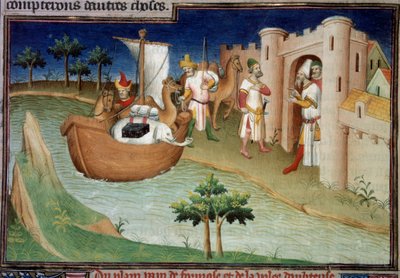 Los hermanos Polo (incluido Marco Polo) llegan a Ormuz desde India en un barco de carga. Miniatura en El Libro de las Maravillas de Master of the Mazarine