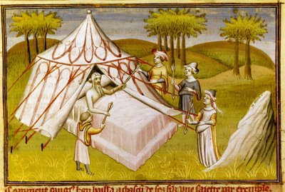 El líder mongol Gengis Khan en su lecho de muerte dando sus últimas recomendaciones a sus hijos, c.1410 (miniatura) de Master of the Mazarine