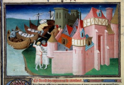 Descarga de balas en la ciudad de Khambhat, India. Miniatura en “El Libro de las Maravillas” (Devisement du monde, Il Milione) de Master of the Mazarine