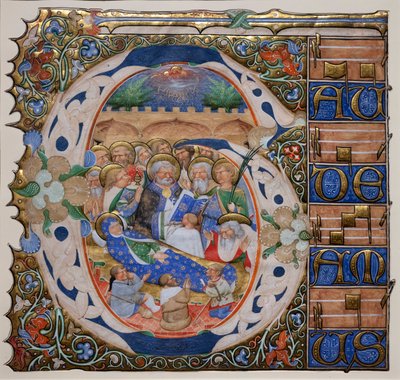 Historiada inicial con la Muerte de la virgen. Maestro del Gradual de Murano. Hacia 1420 (pergamino) de Master of the Murano Gradual