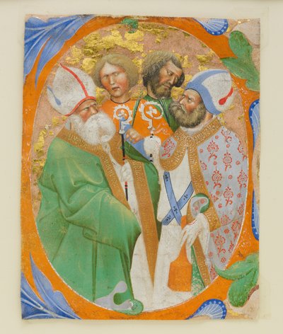 Iluminación de manuscrito con cuatro santos en una inicial O, de un libro de coro de Master of the Murano Gradual