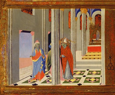 San Ambrosio rechaza al Emperador Romano Teodosio I el Grande la entrada a la Iglesia en Milán (detalle) de Master of the Osservanza