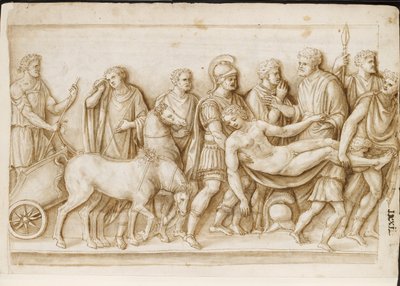 Verso: El retorno de Meleagro, de un sarcófago romano, Roma, Palacio Barberini, c.1512-17 (pluma y tinta marrón con aguada marrón) de Master of the Oxford Album