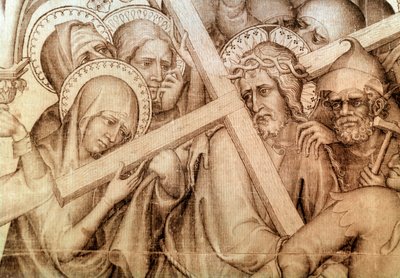 Paramento de Narbona: Cristo con la cruz (grisalla sobre seda) de Master of the Parement of Narbonne