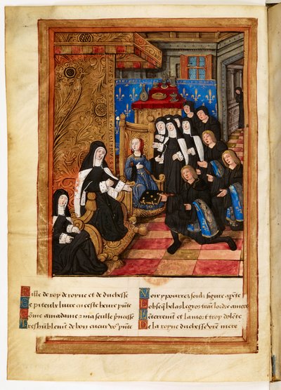 Conmemoración y advertencia de la muerte (...) de Madame Anne (...) duquesa de Bretaña (...): miniatura de dedicatoria que muestra al autor Pierre Choque entregando su obra a la reina Anne de Bretaña, quien nombra heredero a Claude. de Master of the Paris Entries