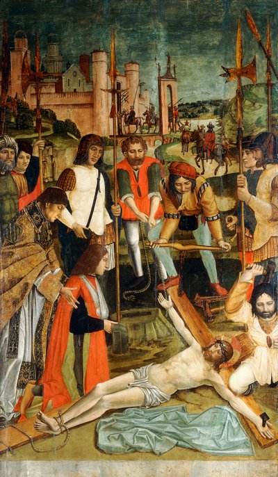 Cristo clavado en la cruz con un donante con el brazo en cabestrillo presentado por un sacerdote de Master of the Pavia Deposition