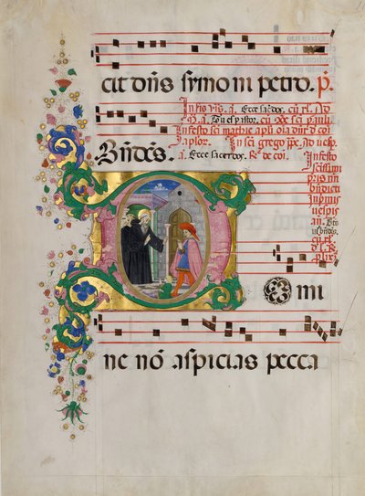 Hoja de manuscrito con San Benito resucitando a un niño en una inicial D, de un antifonario de Master of the Riccardiana Lactantius