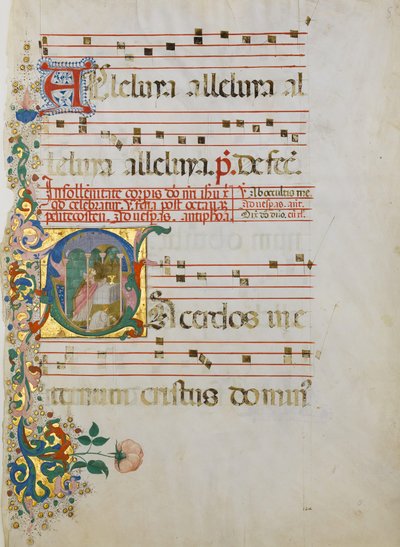 Hoja de manuscrito con la celebración de una misa en una inicial S de Master of the Riccardiana Lactantius