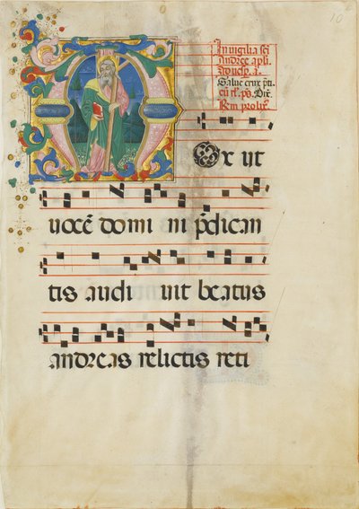 Hoja de manuscrito con la Fiesta de San Andrés en una inicial M ..., segunda mitad del siglo XV de Master of the Riccardiana Lactantius