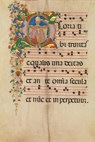 Hoja de manuscrito con la Trinidad en una inicial G, de un antifonario, italiano, segunda mitad del siglo XV de Master of the Riccardiana Lactantius