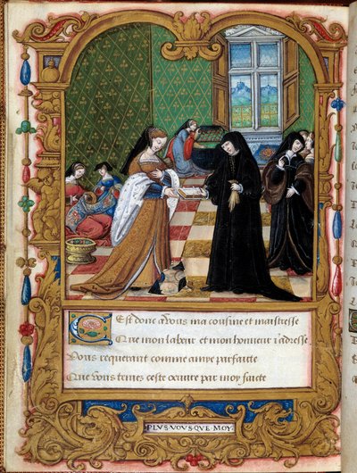 Margarita de Angulema (1492-1549) Reina de Navarra presenta su libro a la Duquesa de Étampes y favorita de Francisco I, Ana Pisseleu de Master of the Rohan Hours