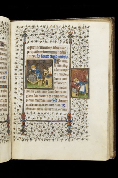 San Eligio haciendo un Santuario; San Eligio en un Yunque, de un Libro de Horas, c.1445-50 de Master of the Rohan Hours