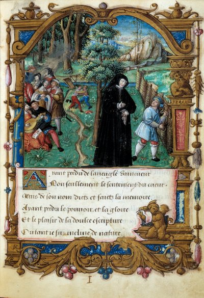 Representación de la Reina de Navarra Margarita de Angulema (1492-1549), escena de amor cortés. Página tomada del manuscrito La coche ou Debat d