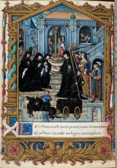 Representación de la Reina de Navarra Margarita de Angulema (1492-1549) rodeada de sus compañeras. Página tomada del manuscrito 
