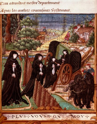 Representación de la Reina de Navarra Margarita de Angulema (1492-1549) rodeada de sus damas de compañía subiendo a un carruaje para un paseo. Página del manuscrito 