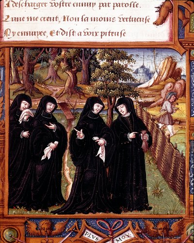 Representación de la Reina de Navarra Margarita de Angulema (1492-1549) hablando con sus compañeras. Página tomada del manuscrito 
