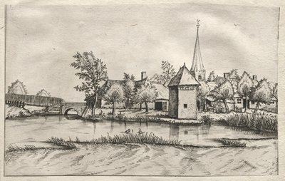 Vistas de Pueblos en Brabante y Campine: Un Pueblo con Foso, c. 1561 de Master of the Small Landscapes