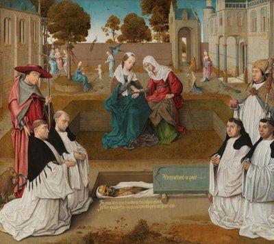Tablilla conmemorativa
Cuatro canónigos con los santos Agustín y Jerónimo en una tumba abierta con la Visitación de Master of the Spes Nostra