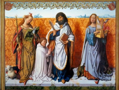 Panel central del altar de San Bartolomé: Santa Inés, Bartolomé y Santa Cecilia con un donante de Master of the St. Bartholomew Altarpiece