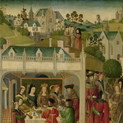Fiesta nupcial de Santa Isabel de Hungría y Luis de Turingia en el Wartburg, ala interior izquierda de un retablo realizado para la Grote Kerk de Dordrecht de Master of the St Elizabeth Panels