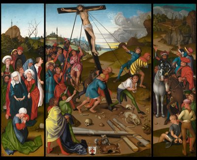 La elevación de la cruz [paneles central, izquierdo y derecho] de Master of the Starck Triptych