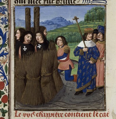 La quema de los templarios De: De casibus virorum illustrium de Giovanni Boccaccio de Master of the White inscriptions