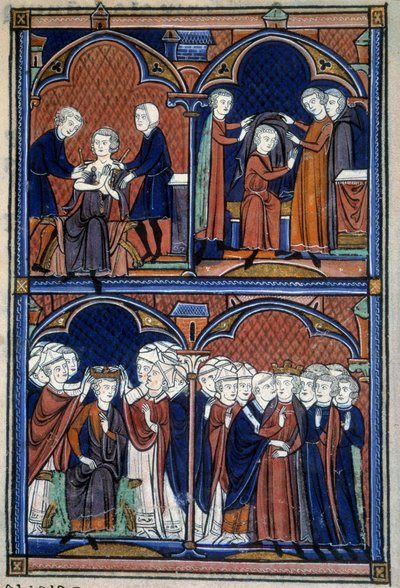 Orden de la Consagración y Coronación de los Reyes de Francia: El rey de la túnica, el manto y la corona sobre la que todos los pares ponen sus manos; el arco lo abraza. Miniatura tomada de "L