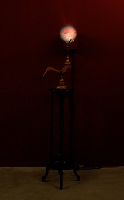 Horn Blower, 2002 (vidrio, agua, latón, cuerno de carnero, madera, videoproyector y reproductor) de Mat Collishaw
