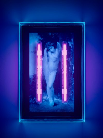 Ángel ultravioleta, 2008 (tinta ultravioleta sobre caja de plexiglás, 2 luces de neón ultravioleta) de Mat Collishaw