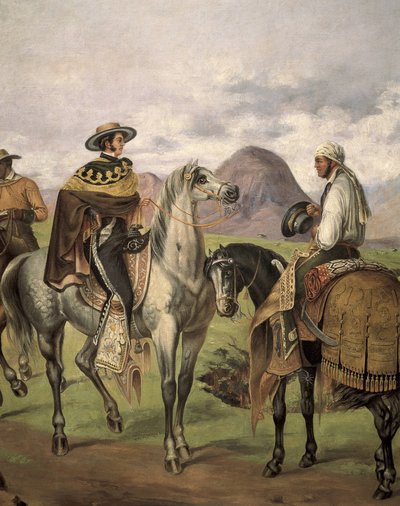 Charros" (jinetes mexicanos) vestidos con ropa elegante. Obra de Mateo Saldana (1875-1951), siglo XX. Costumbrismo. Óleo sobre lienzo de Mateo Saldana