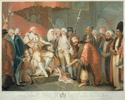 Su Majestad y Oficiales del Estado Recibiendo al Embajador Turco y su Comitiva, grabado por Daniel Orme, publicado por Edward Orme, 1797 de Mather Brown