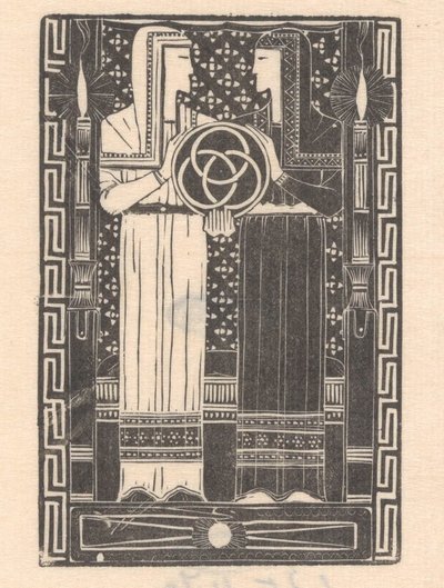 Dos figuras sosteniendo un círculo con anillos
El espíritu de los tiempos (título original)
Doce xilografías (título de la serie) de Mathieu Lauweriks