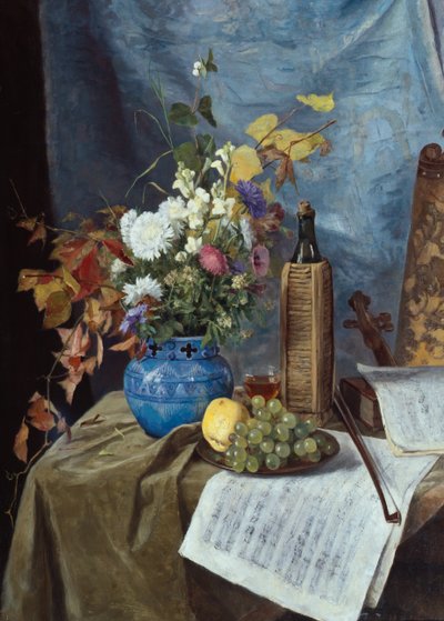 Arreglo con botella de vino, flores y frutas de Mathilde Dietrichson