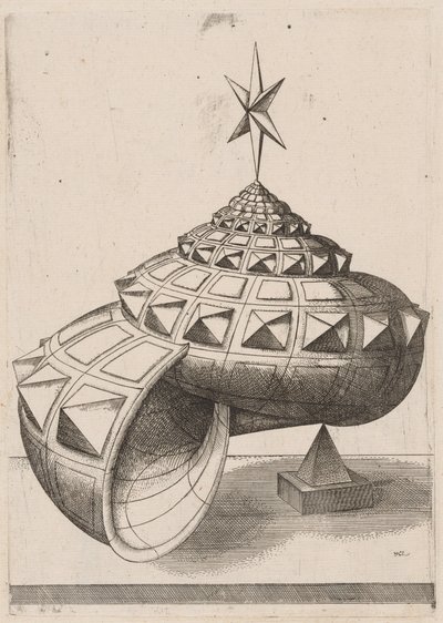 Perspectiva de una concha de caracol facetada equilibrada en una pirámide de Mathis Zündt, after Hans Lencker